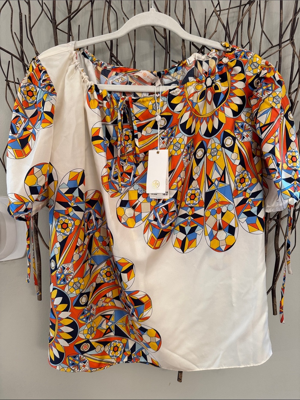 Tory Burch White Multi Geometric Print Peasant Top